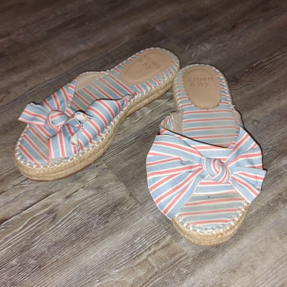 Crown & Ivy Keisha Flat Form Bow Blue Espadrille Sandal  Sz 9.5